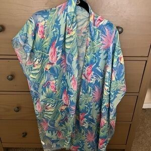 Kimono cardigan in Miami colors with pink pelican. No brand. Never worn.